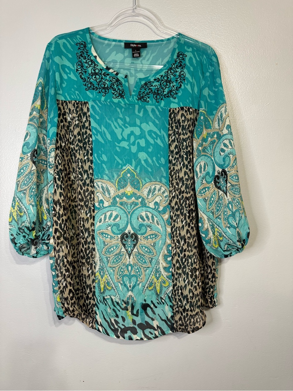 Style & Co. Teal Paisley Leopard Print Sheer Peasant Blouse Top Embroidered Lrg